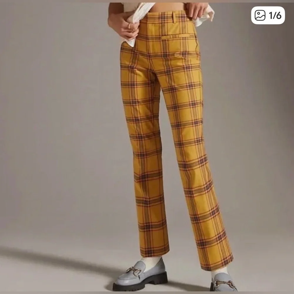 Anthropologie Mustard Yellow Plaid Straight-Leg Pants